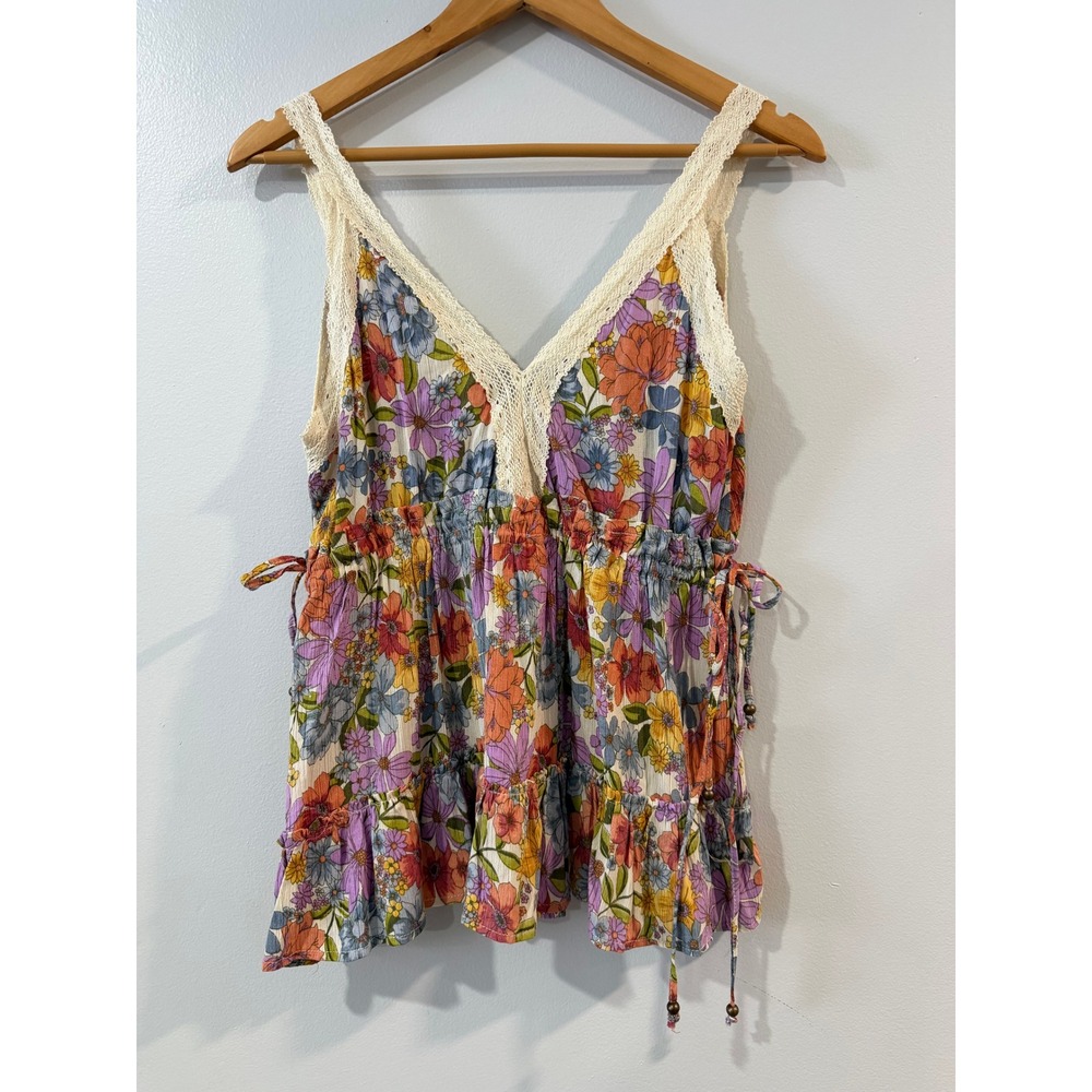 Angie Floral Crochet Lace Trim Boho Peplum Tank Top Multicolor Women Small